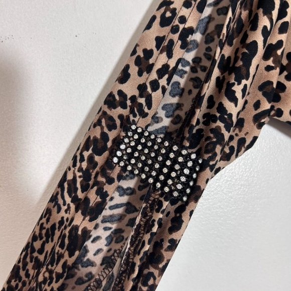 Dots Slit Sleeve Leopard Print Rhinestone Drape Mini Dress in Brown/Black - Sz L - Picture 4 of 7
